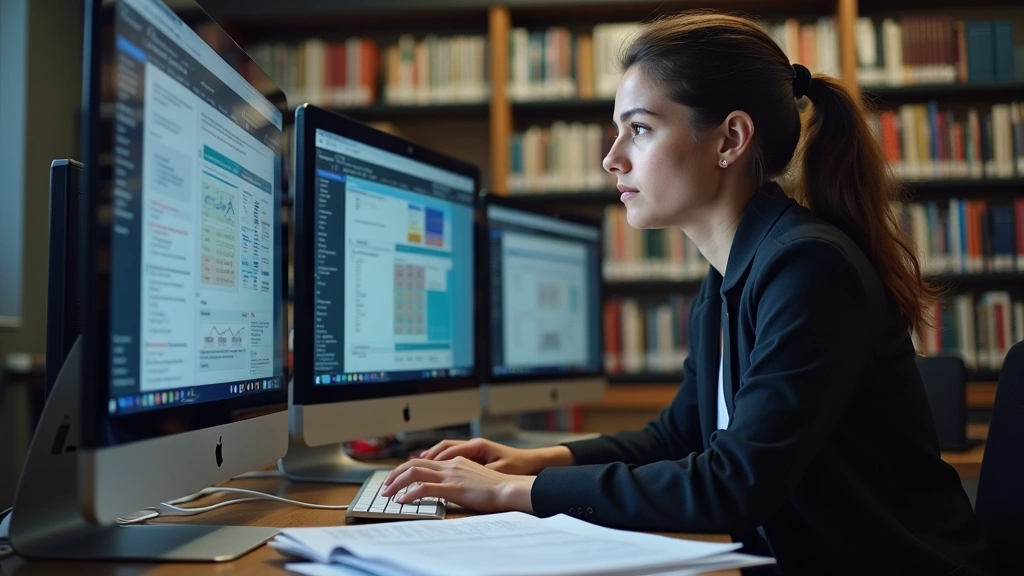 Graduate student at computer reviewing research data, multiple monitors, academic papers on desk, professional attire, univer