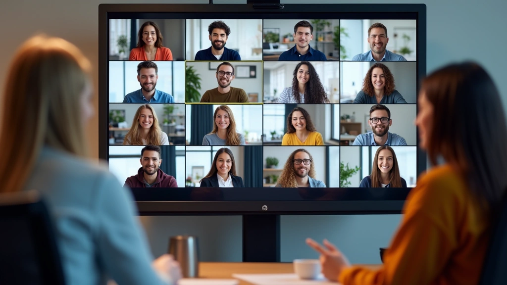 Diverse group of online students in video conference call on large monitor, collaborative learning environment, professional 