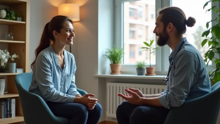 Professional clinical psychologist conducting therapy session with patient in modern healthcare office, warm lighting, therapeutic environment, no visible text or identifiers