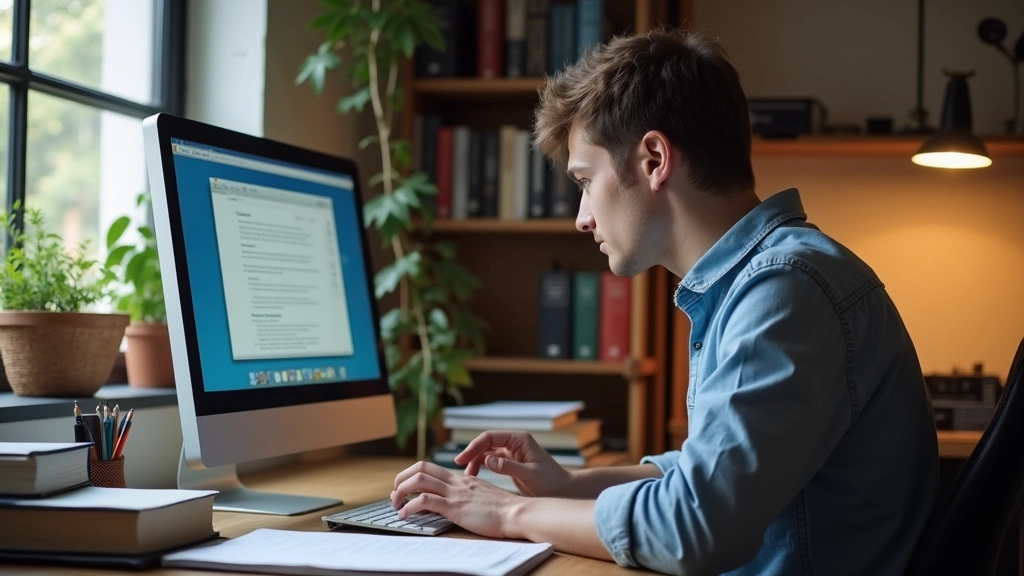 Graduate student studying at computer with psychology textbooks and research materials on desk, focused concentration, profes