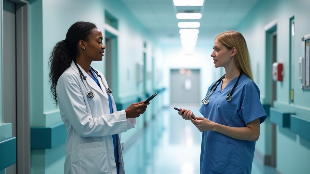 Licensed psychologist in white coat consulting with colleague in hospital corridor, collaborative healthcare environment, mod