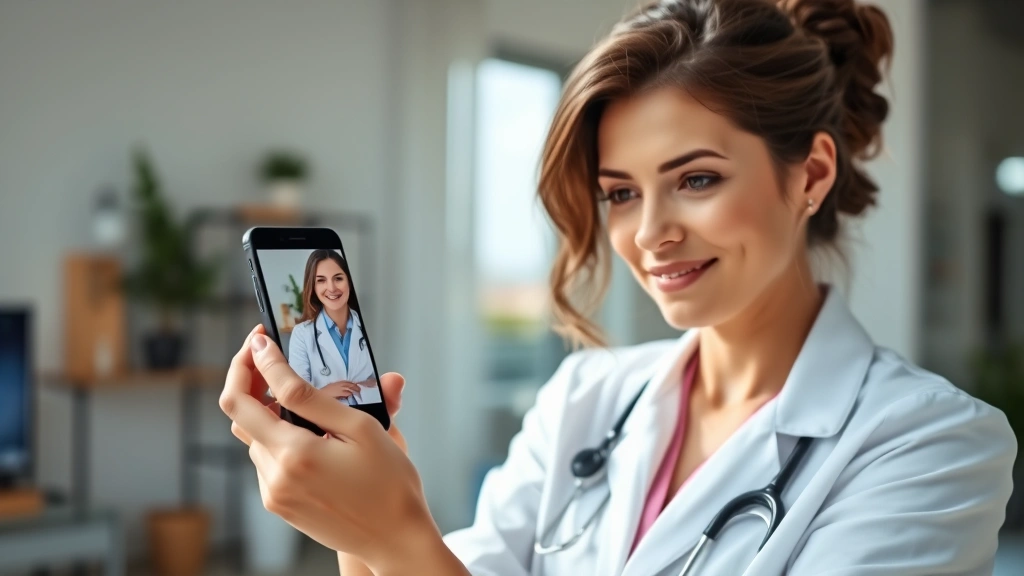 Professional woman using smartphone for video consultation with doctor, bright modern home setting, natural lighting, healthc