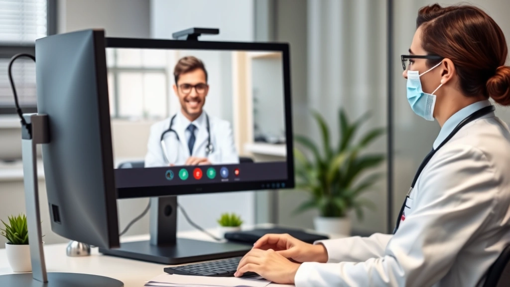 Licensed physician at desk during telehealth video call, professional medical office background, computer monitor showing pat