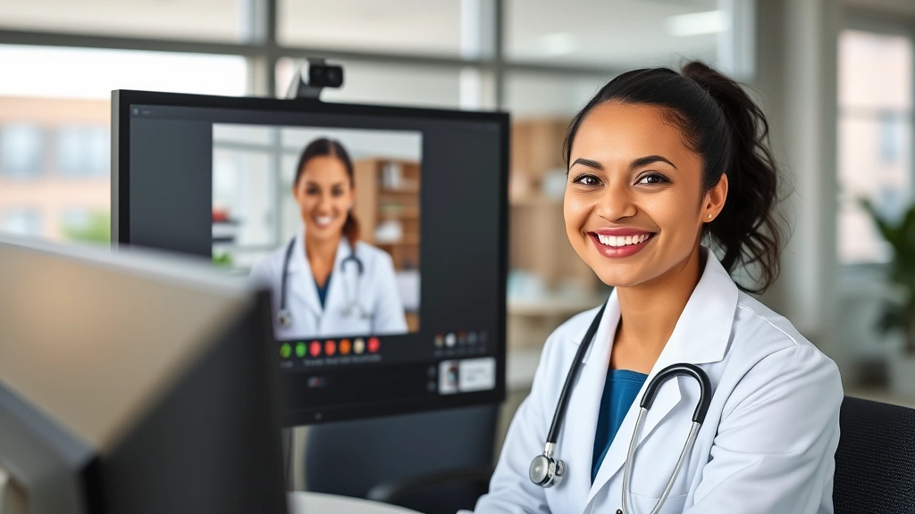 Professional female doctor in white coat smiling during video consultation on computer screen, modern medical office backgrou