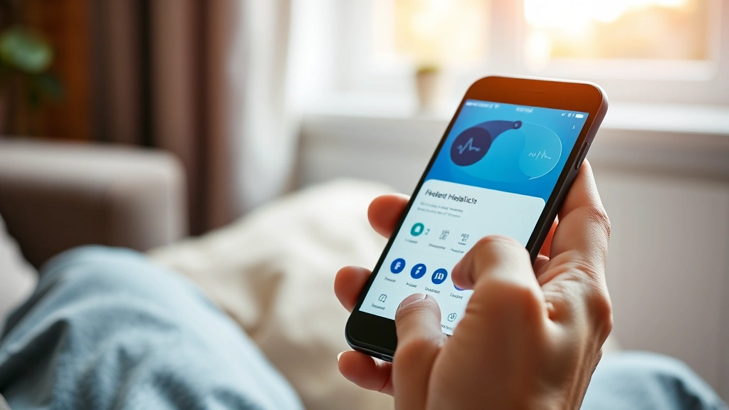 Close-up of patient hands holding smartphone with healthcare app interface, comfortable home setting, warm natural light thro