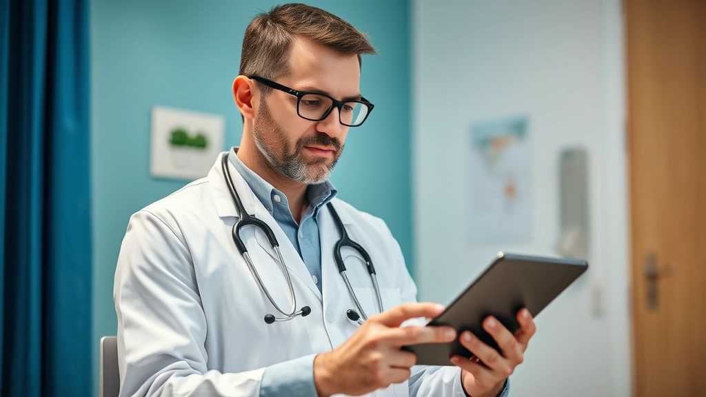 Male healthcare provider wearing stethoscope and glasses reviewing patient information on tablet during virtual telehealth se