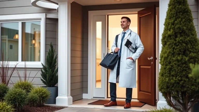 Professional male physician in white coat arriving at residential home with medical bag, carrying diagnostic equipment, standing at front door, patient greeting him in doorway, modern suburban home setting