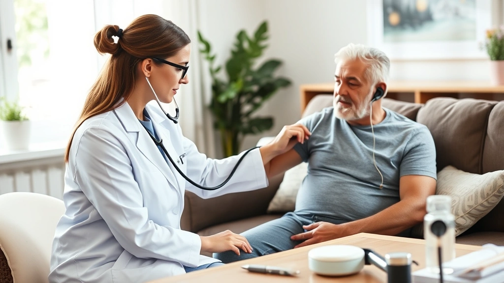 Licensed female doctor examining patient at home, using stethoscope, taking vital signs, patient sitting comfortably on home
