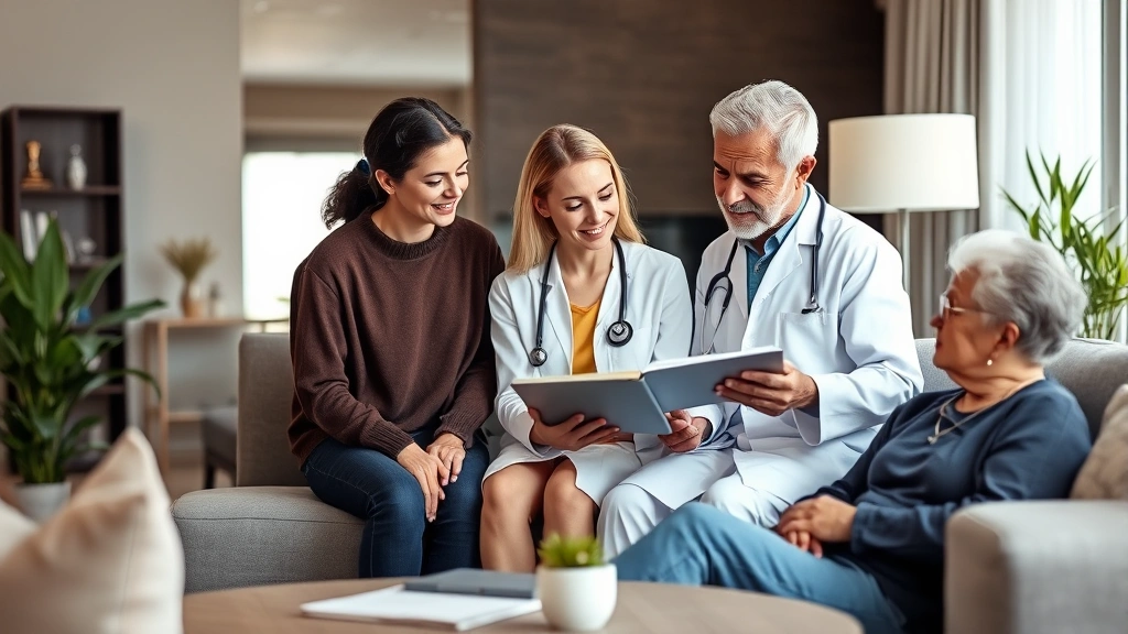 Diverse medical team discussing patient care in modern home setting, doctor reviewing notes on tablet with patient, comfortab