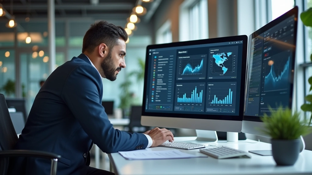 Professional business executive in modern office reviewing research documents and data analytics on computer screen, focused concentration