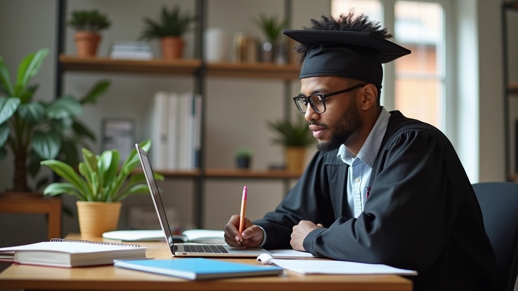 Graduate student at desk with laptop and academic books, writing dissertation proposal in home office study environment