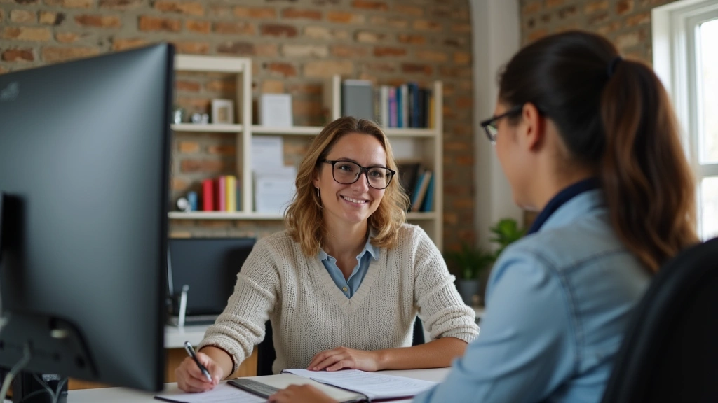 Academic advisor meeting with mature student in virtual office setting, computer screens visible, professional educational en