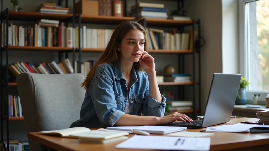 Graduate student at desk with research materials and laptop, focused on dissertation work, home office setting, books and aca