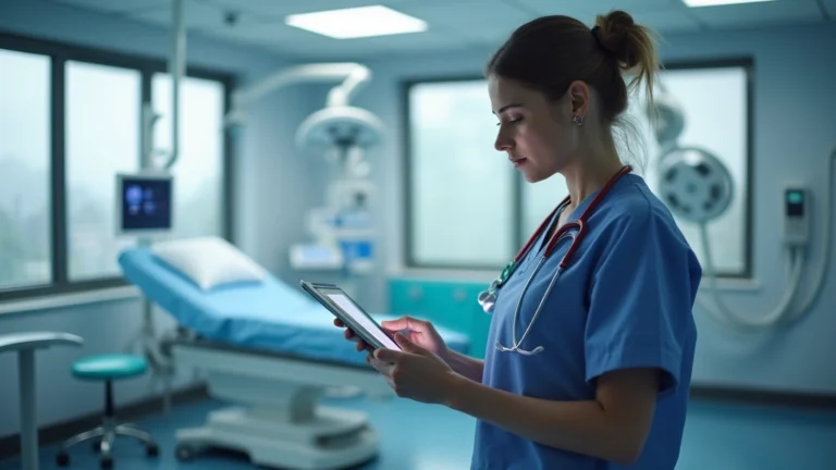 Professional nurse in modern hospital setting using computer tablet reviewing patient data, clinical environment with medical equipment