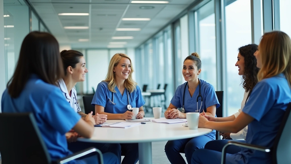 Diverse nursing professionals in healthcare leadership meeting discussing quality improvement initiatives in modern conferenc