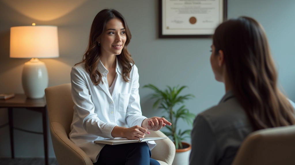 Professional female psychologist in modern clinical office conducting therapy session with patient, warm lighting, comfortable seating, diploma visible on wall, authentic therapeutic environment