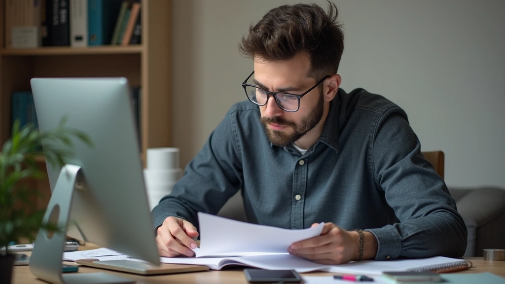 Male psychology doctoral student reviewing research papers and clinical notes at desk with computer, professional home office