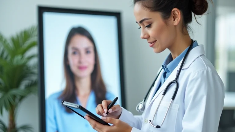 Professional female doctor in white coat conducting virtual consultation on tablet with patient visible on screen, modern clinic background, natural lighting, clean healthcare setting