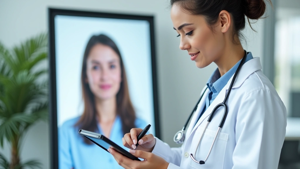 Professional female doctor in white coat conducting virtual consultation on tablet with patient visible on screen, modern cli