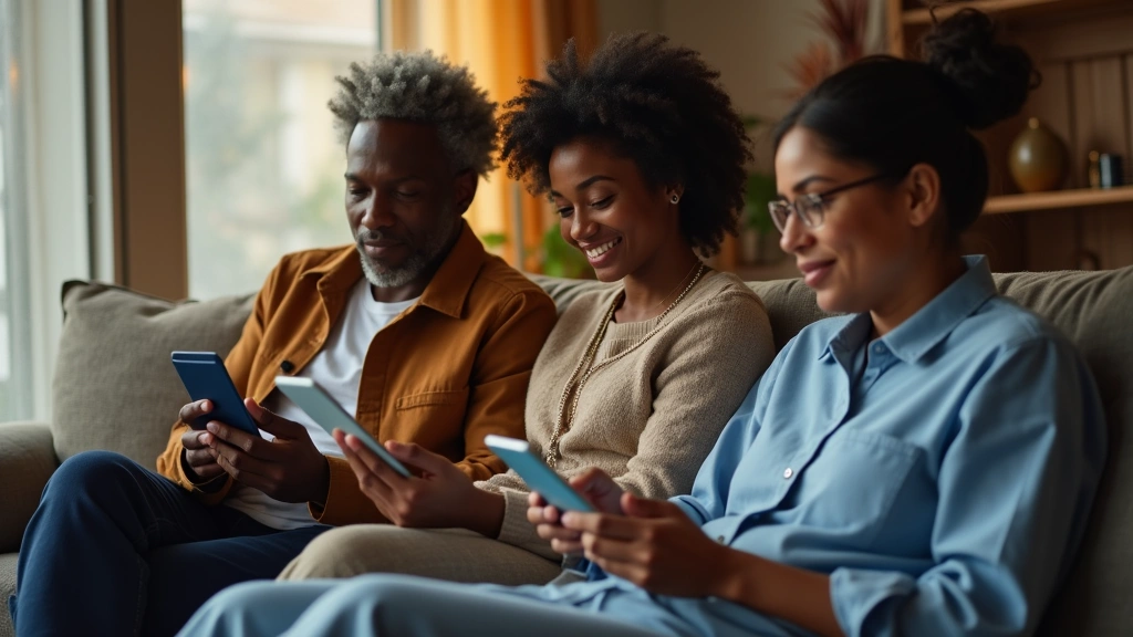 Diverse patients using smartphones and tablets for telehealth appointments at home, comfortable living room setting, warm lig