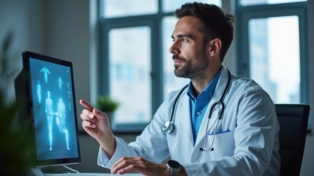 Male healthcare provider reviewing patient records on computer during virtual care session, professional office environment,