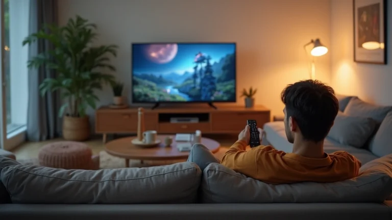 Person sitting on comfortable couch watching television with remote control, modern living room with natural lighting, relaxed streaming experience