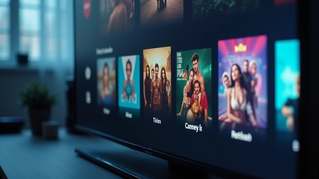 Close-up of streaming service app interface on smart TV screen showing entertainment content library, modern interface design