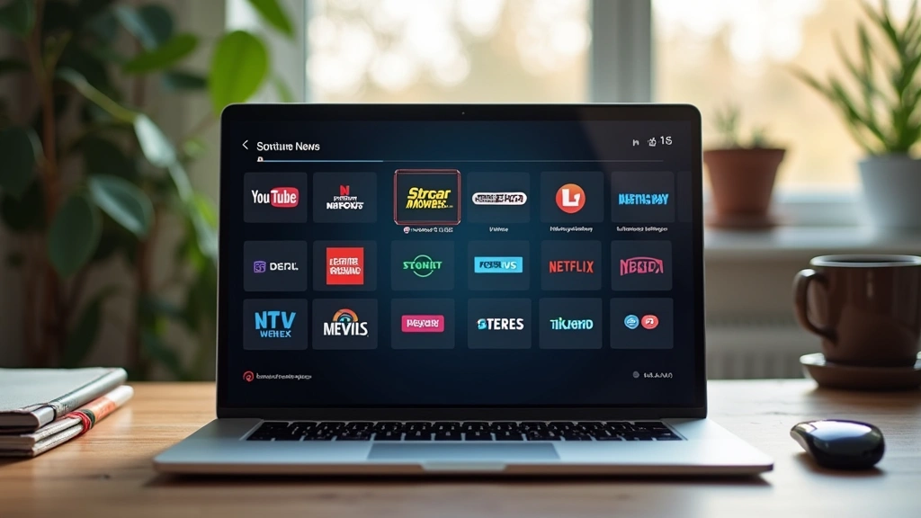 Multiple streaming service logos displayed on laptop screen, digital entertainment options, home office setup with natural li