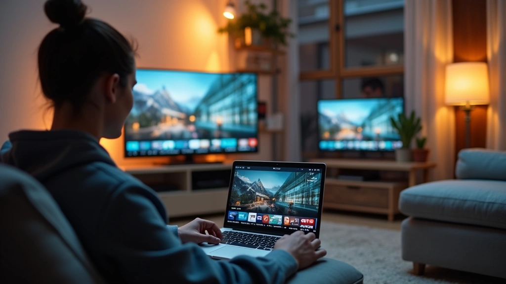 Person watching television on laptop in modern living room, streaming interface visible, relaxed home environment, professional lighting, no text on screen