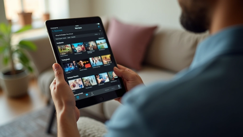 Close-up of streaming app interface on tablet device showing video content library, hands holding device, bright modern home 
