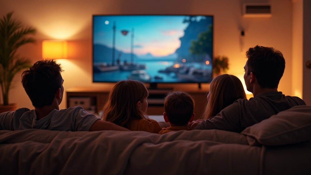 Family sitting together watching entertainment on television in contemporary living room, cozy atmosphere, evening lighting, 