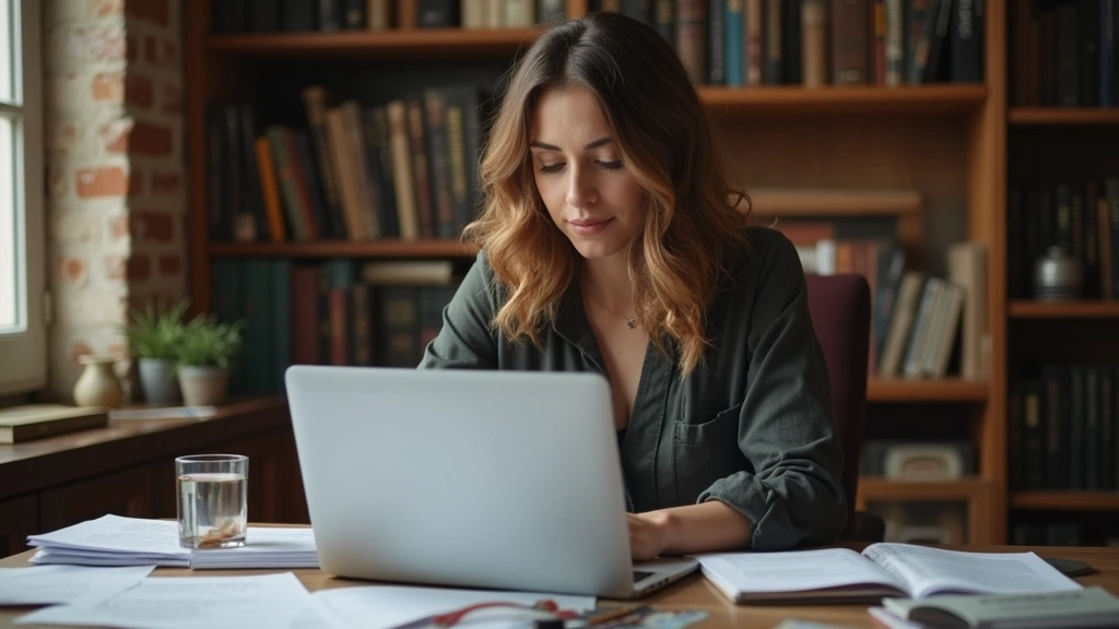 Professional woman in home office studying doctoral coursework on laptop, surrounded by research papers and textbooks, warm lighting, focused expression