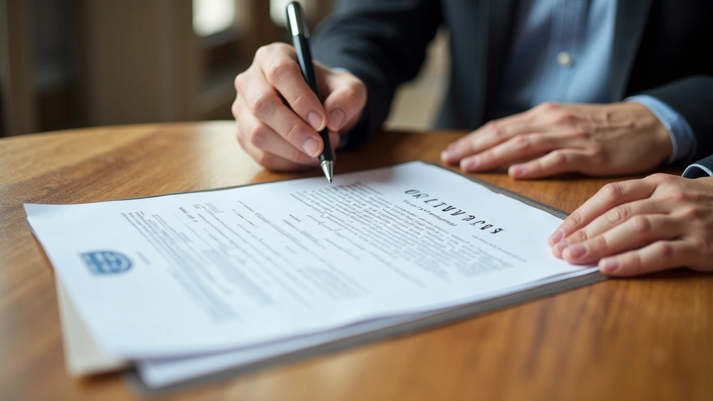 Close-up of hands reviewing accreditation documents and university degree certificate, oak desk with pen, formal academic env
