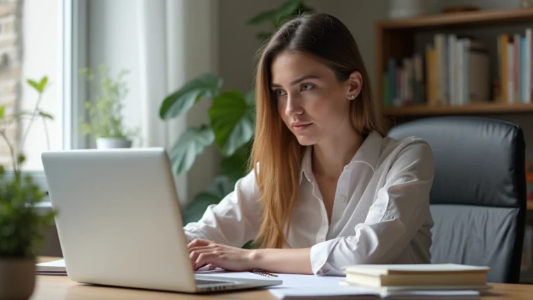 Professional woman studying at desk with laptop and textbooks, natural lighting, focused expression, home office setting, photorealistic
