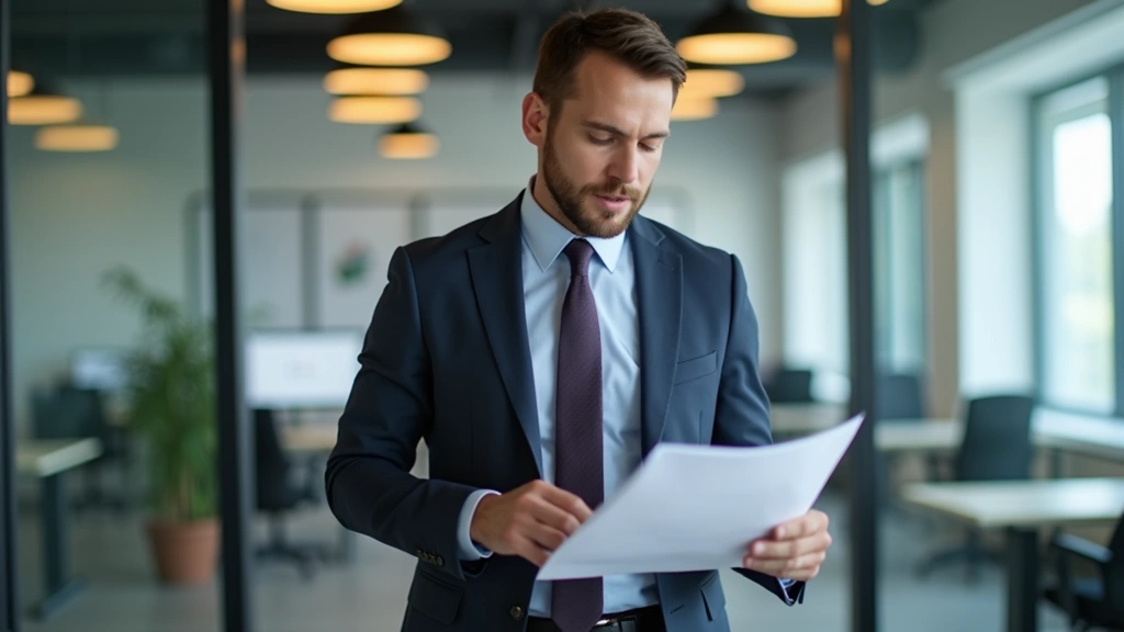 Male professional in business attire reviewing academic documents, modern office background, confident demeanor, photorealist