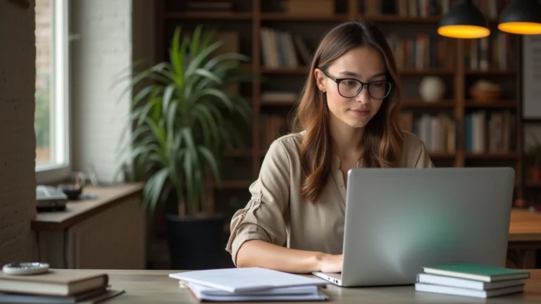 Professional woman studying at laptop in modern home office with books and research materials, warm lighting, focused expression, contemporary workspace setup