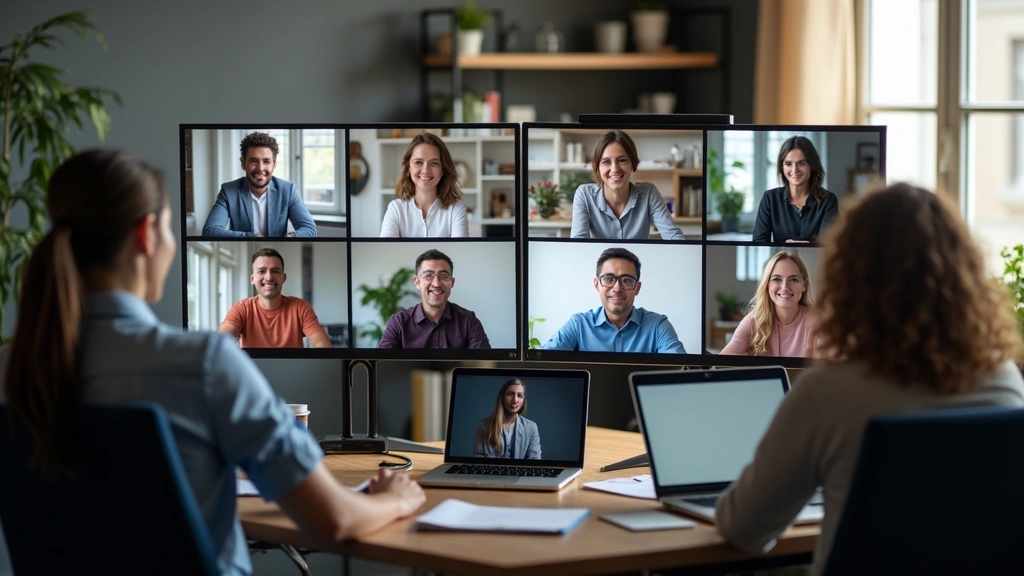 Diverse group of professionals in virtual meeting on computer screens showing video conference with dissertation advisor, col