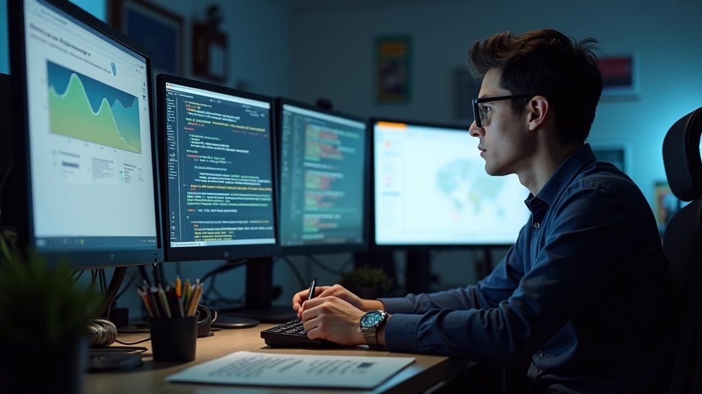 Graduate student writing dissertation at desk with multiple monitors displaying research data and academic papers, concentrat