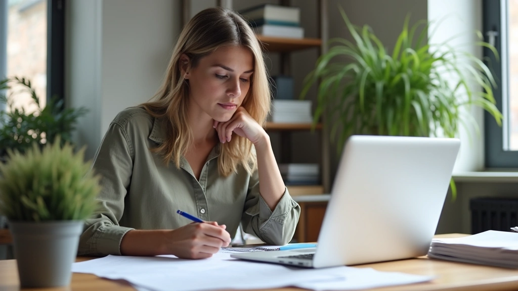 Professional woman studying at home desk with laptop and research papers, natural window lighting, focused expression, modern home office setup