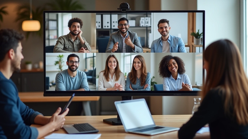 Diverse group of graduate students in virtual classroom meeting on computer screens, professional setting, collaborative lear