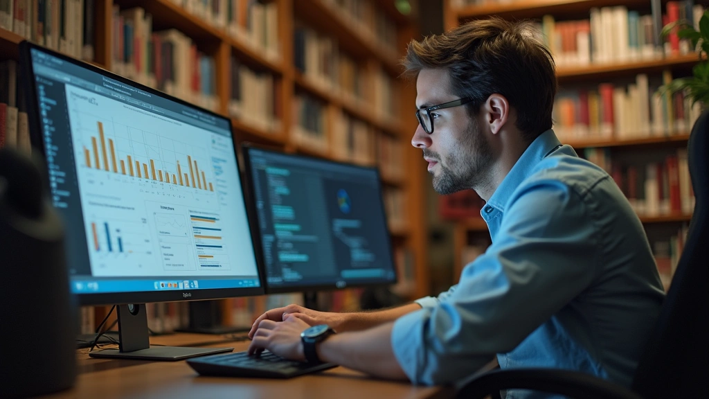 Male doctorate candidate working on dissertation research with books and data analysis on computer monitor, academic library 