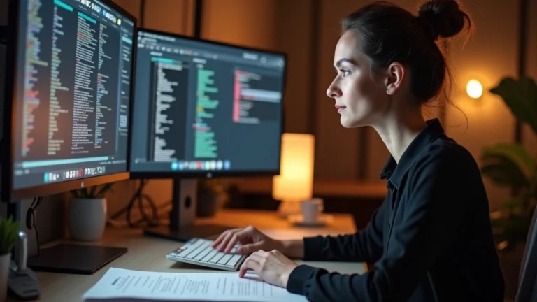 Professional woman in home office with multiple monitors, studying online doctorate materials, warm lighting, focused expression, modern minimalist desk setup