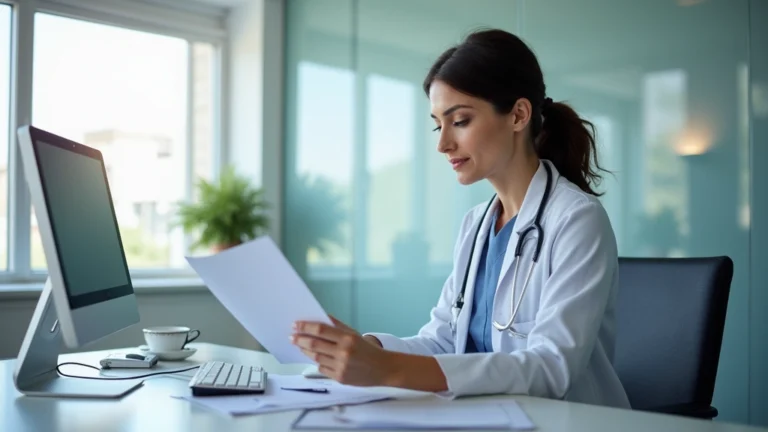 Professional female healthcare administrator working at modern hospital office desk with computer, wearing business attire, reviewing healthcare documents in bright clinical environment