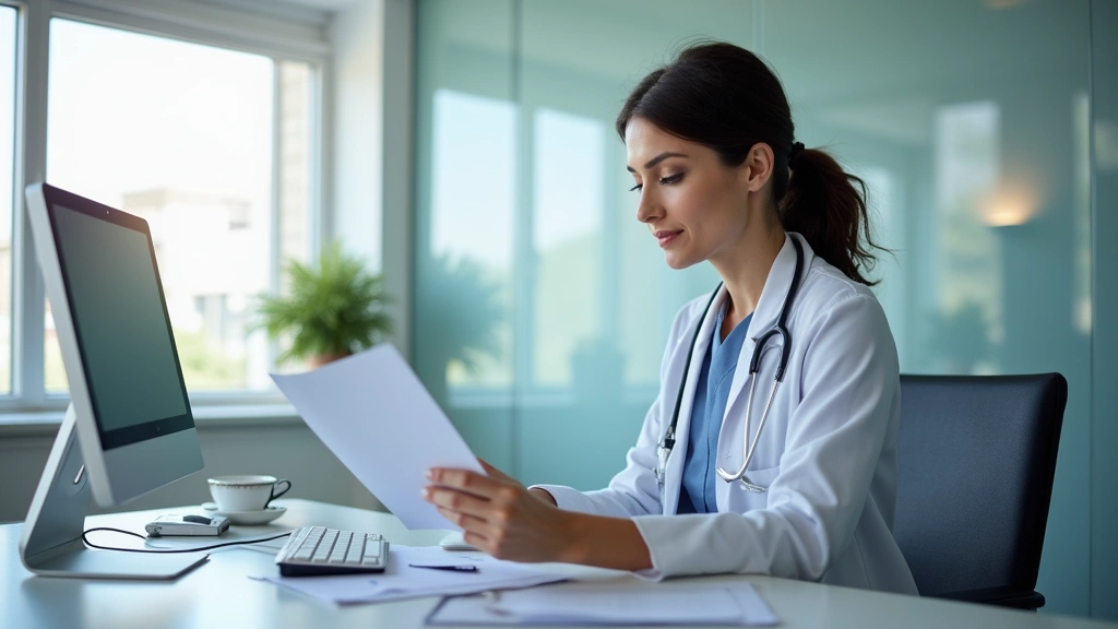 Professional female healthcare administrator working at modern hospital office desk with computer, wearing business attire, reviewing healthcare documents in bright clinical environment