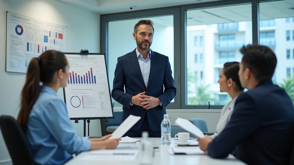 Male healthcare executive in suit presenting to hospital leadership team in contemporary boardroom with healthcare charts and