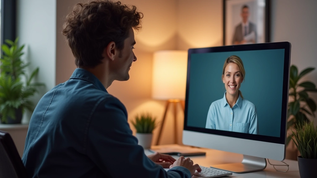Professional psychologist in modern office conducting teletherapy session on computer, warm lighting, credentials on wall, patient not visible, realistic healthcare setting