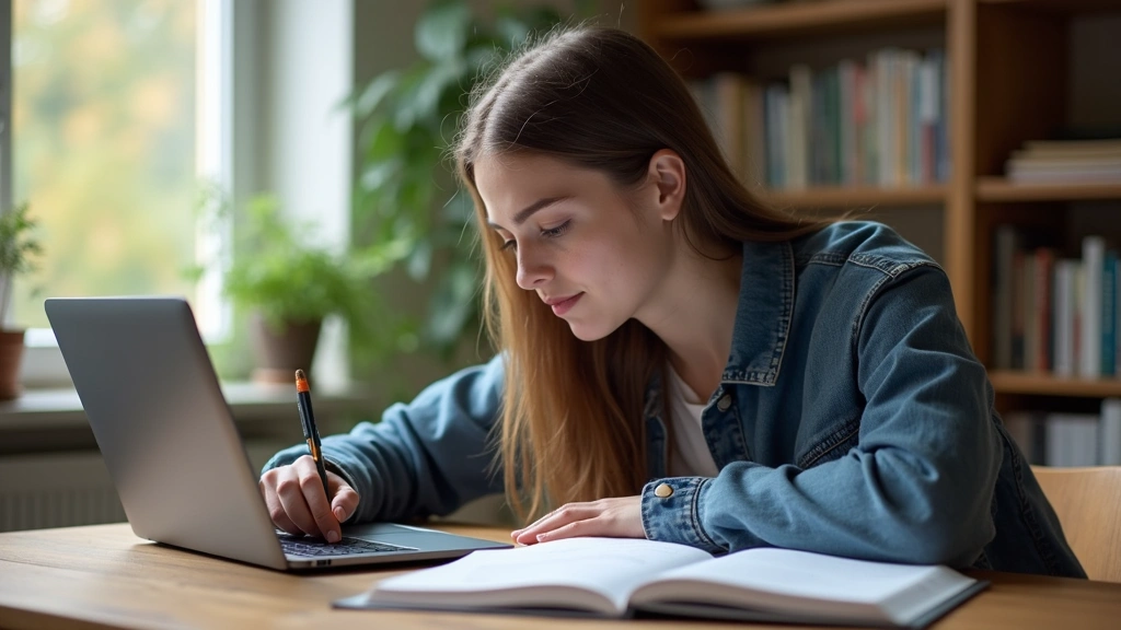 Graduate student studying at home desk with psychology textbooks and laptop, focused expression, natural daylight from window