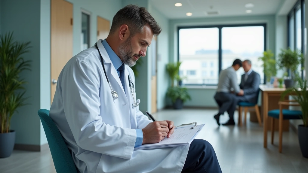 Clinical psychologist in consultation room reviewing patient notes, diverse professional environment, modern mental health fa