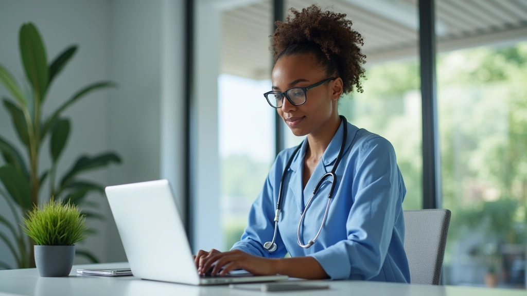 Professional social worker in modern office environment working on laptop, diverse healthcare setting, natural lighting, clinical supervision scene