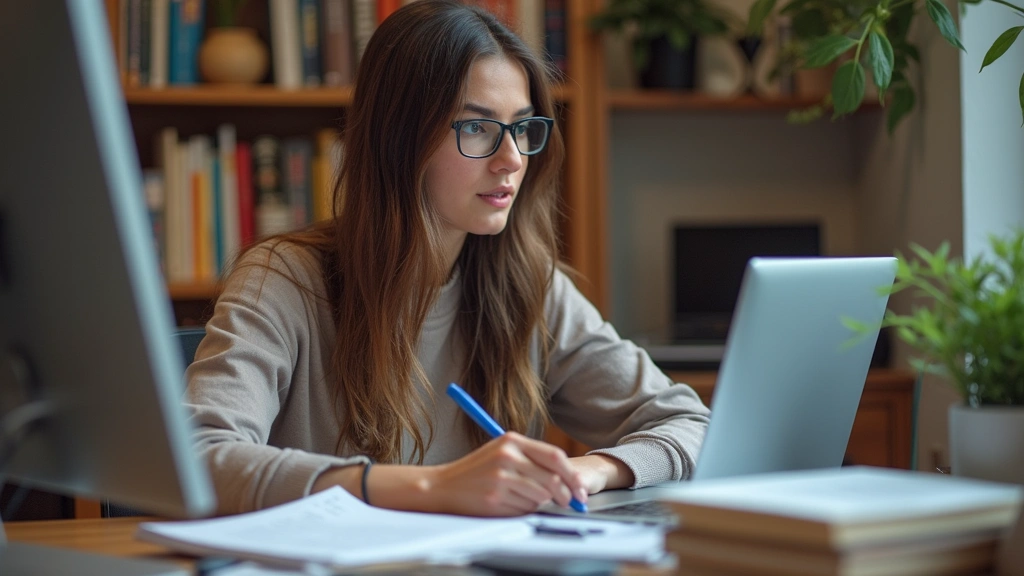 Graduate student studying at home with research materials and computer, focused learning environment, books and notes, profes